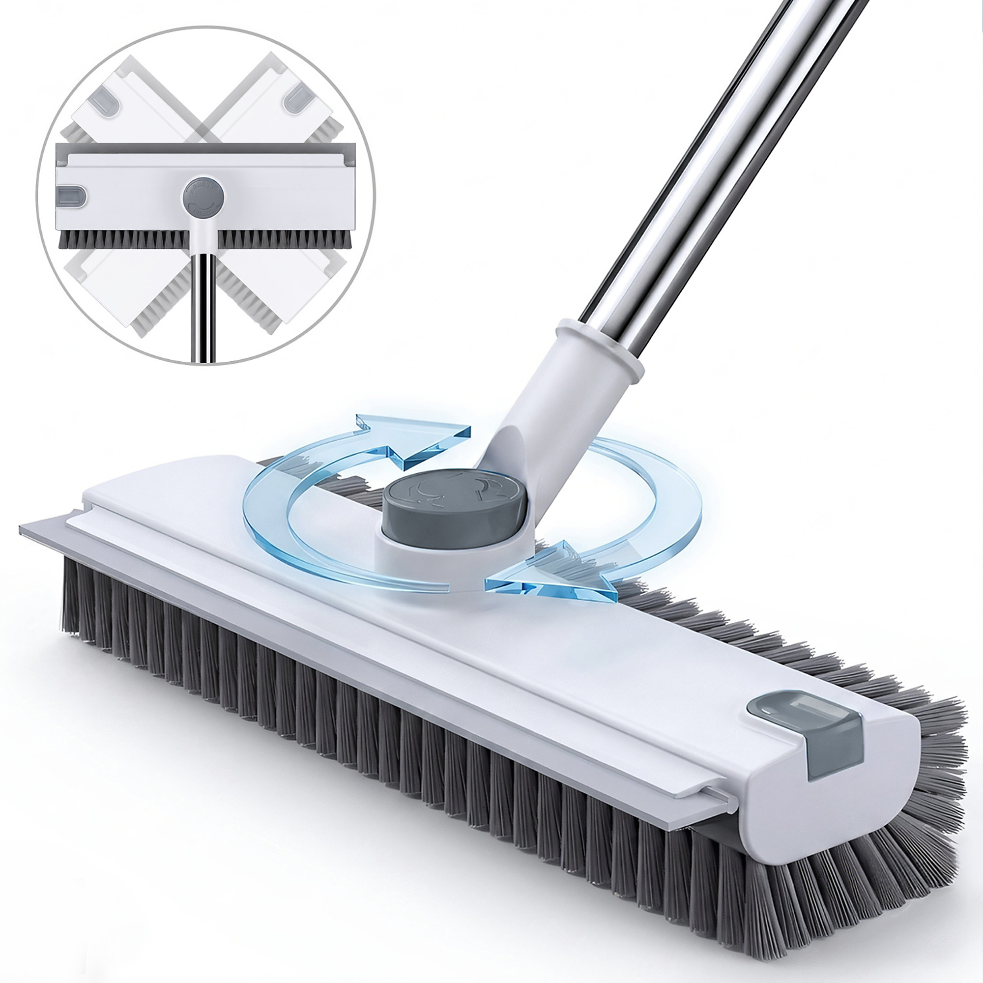 3 in 1 Floor Scrub Brush with Adjustable Long Handle 54in, 360 Rotating Head, Stiff Bristles, White, Model# 70704W